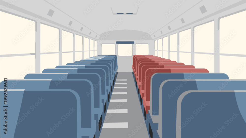 Naklejka premium Interior of a school bus with blue and red seats, large windows along the sides, and a central aisle, viewed from the rear.