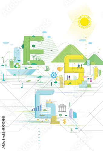 Staggered lines Quality City 4 with Text ESG and some elements of environmental social governance vertical vector illustration graphic EPS 10
