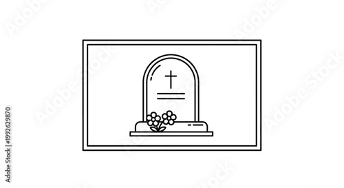 Tombstone with Cross and Flowers, Funeral Memorial Stone, Cemetery Icon