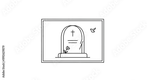 Tombstone with Cross and Flower, Dove Flying, Funeral, Grief, Remembrance, Cemetery Icon