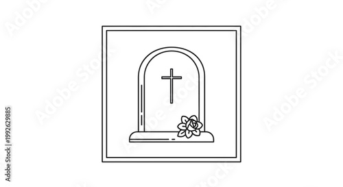 Tombstone with Cross and Rose, Funeral Memorial Icon, Outline Vector Art