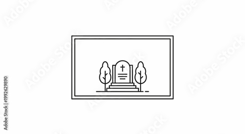 Tombstone with Cross and Trees in Cemetery, Linear Icon