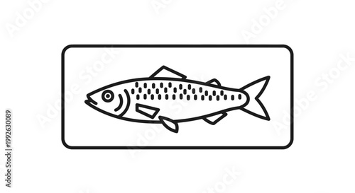 Simple Line Art Icon of a Sardine Fish in a Rectangle Frame