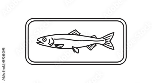 Simple Line Art Icon of a Salmon Fish in a Rectangle Frame, Vector Illustration