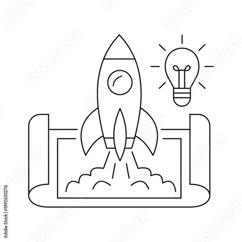 Rocket launch blueprint with light bulb idea innovation startup business concept line icon.Editable stroke, Vector illustration, Line art Icon, Symbols.