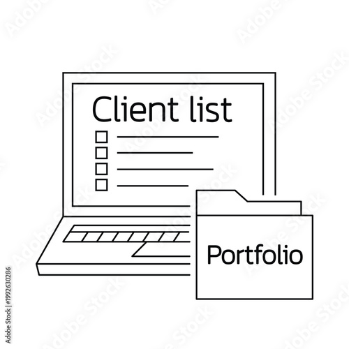 Client list on laptop screen with portfolio folder icon business management line art.Editable stroke, Vector illustration, Line art Icon, Symbols.