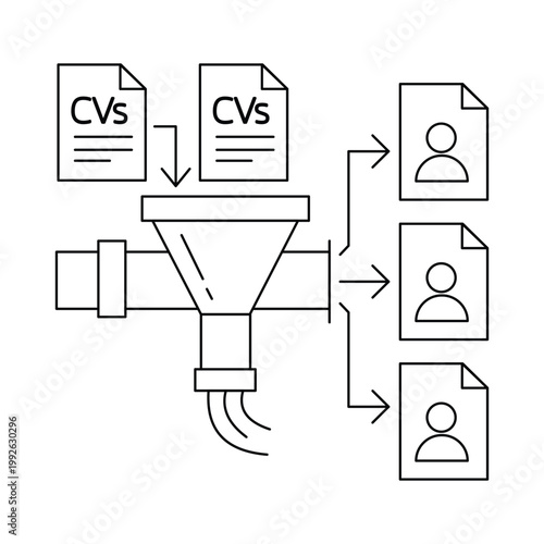 Recruitment funnel processing CV resumes to select candidates HR hiring process icon.Editable stroke, Vector illustration, Line art Icon, Symbols.