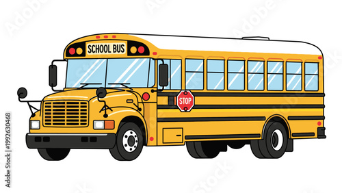 Illustration of a yellow school bus with black stripes and a red stop sign on a white background.