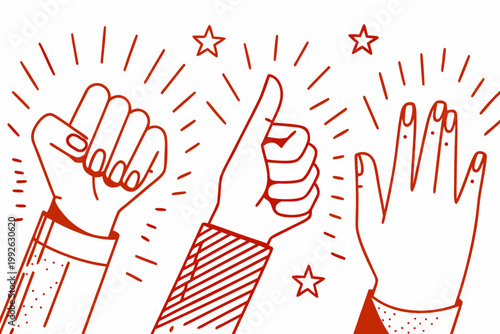 Celebratory hands with raised fists thumbs up and sparkling stars