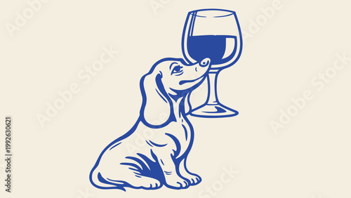 A curious puppy gazes upwards at a filled wine glass