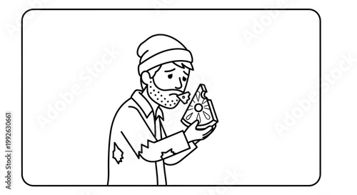 Sad Homeless Man Holding a Slice of Pizza with a Sad Face