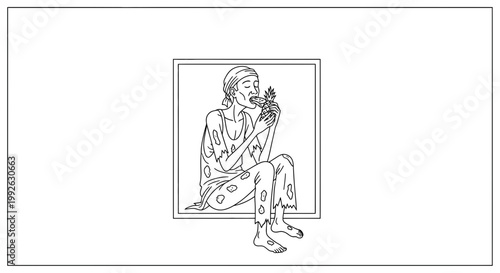 Sad, hungry person eating a small plant, representing poverty and despair.