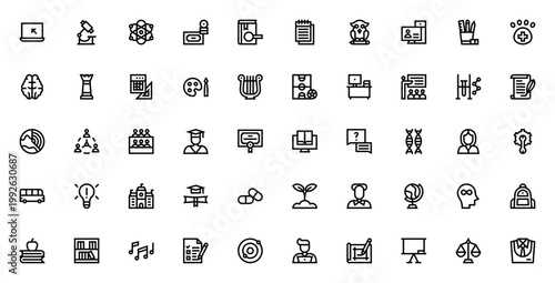 Academy icon set. Education vector icons pack. Includes symbols for student, teacher, graduation, research, science, books, classroom and more. Editable stroke.