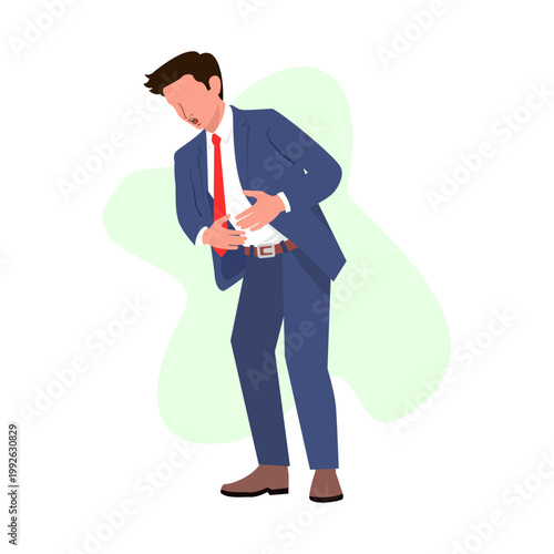 Businessman suffering stomach pain abdominal ache digestive problem office worker flat vector illustration