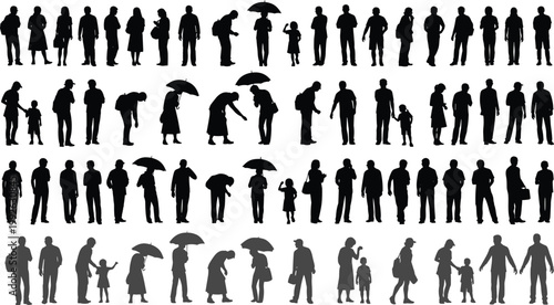 People silhouettes collection with families, children, and individuals holding umbrellas, walking, and standing in daily life and weather situations