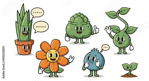 Cartoon plant characters with facial expressions and speech bubbles for design
