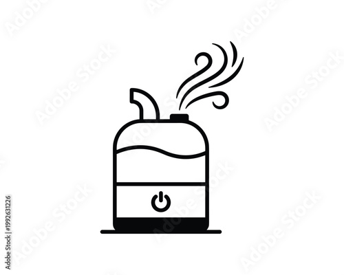 Black outline humidifier machine icon emitting steam with a power button symbol.