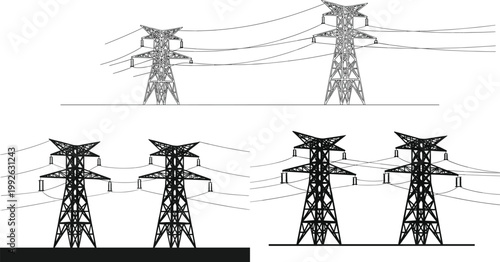 Electric transmission towers and power lines illustration showing high voltage energy infrastructure, utility network systems, and industrial electricity distribution concepts