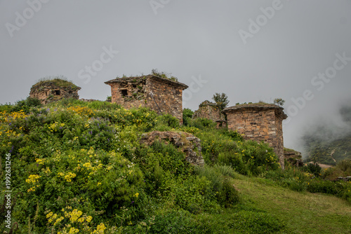 Ancient Stone Houses on Green Hillside with Wildflowers and Mist