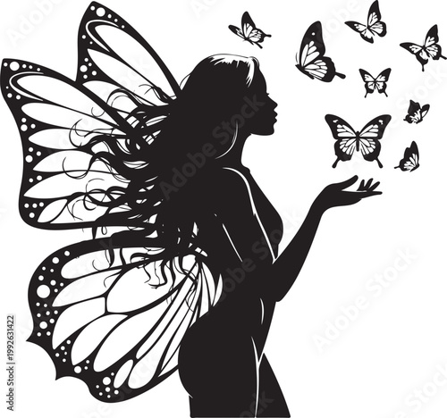 Elegant Butterfly Fairy Silhouette Vector Art - Enchanted Mythical Woman with Butterflies Black and White Graphic