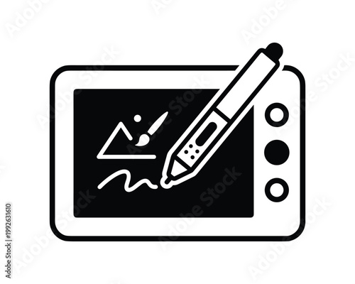 Black outline icon of a digital drawing tablet with a stylus. Illustrating graphic art creation.