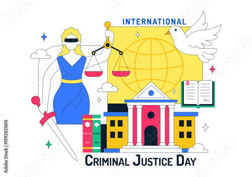 International Criminal Justice Day Illustration Law And Justice Concept With Court Building Scales Of Justice Gavel And Legal System Symbol Design