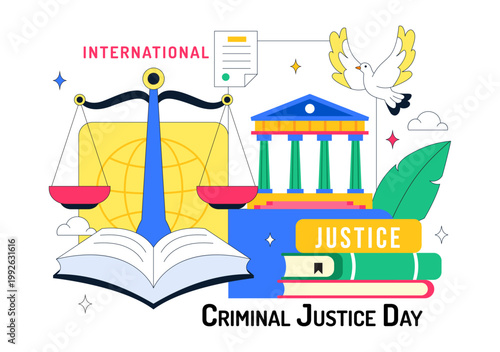 International Criminal Justice Day Illustration Law And Justice Concept With Court Building Scales Of Justice Gavel And Legal System Symbol Design