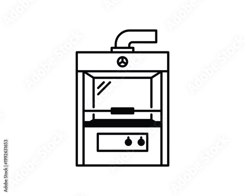 Black outline icon of a laboratory fume hood cabinet with exhaust duct and controls.