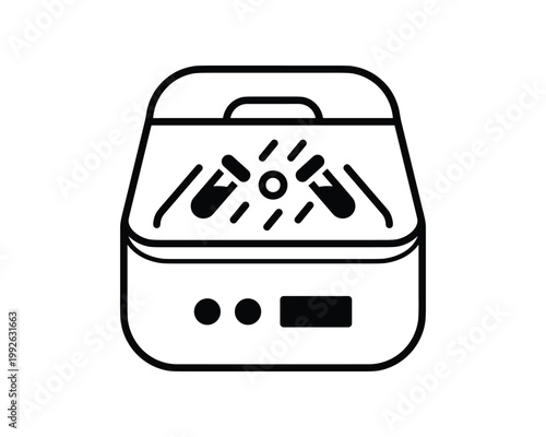 Black outline icon of a lab centrifuge machine with test tubes inside, illustrating scientific equipment.
