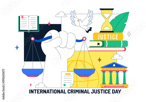 International Criminal Justice Day Illustration Law And Justice Concept With Court Building Scales Of Justice Gavel And Legal System Symbol Design