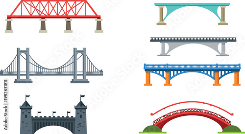 Colorful bridge illustration set featuring suspension, arch and truss bridge designs in flat style isolated on light background for infrastructure themes