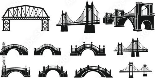 Bridge silhouette collection showcasing suspension, arch and decorative pedestrian bridge designs isolated on white background for architecture and infrastructure concepts