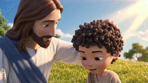 Jesus Blessing a Child Animation - Animated depiction of Jesus with his hand on a young boy's head, blessing him. The scene is set outdoors in a grassy field on a sunny day.