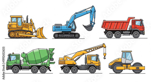 Collection of Heavy Construction Vehicles and Machinery Set.