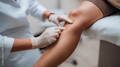 Doctor examining patient calf for vascular issues. Varicose veins and circulation check, medical consultation, diagnosis, healthcare treatment, lower limb assessment