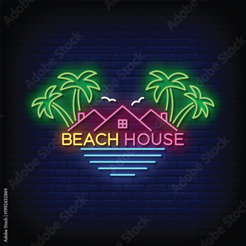 beach house neon signs vector. beach house design template neon sign  light banner  neon signboard.vector