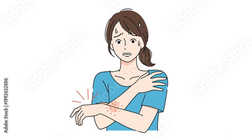 Young woman expresses concern while looking at an itchy red skin rash or insect bite on her forearm with sweat drops on her face.