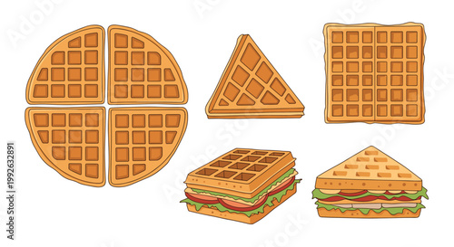 Selection of Belgian waffles in various shapes including round pieces and triangular sandwiches filled with fresh vegetables.