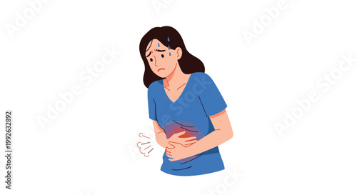Young woman wearing a blue shirt holds her stomach in discomfort while showing signs of pain or digestive issues on white background.