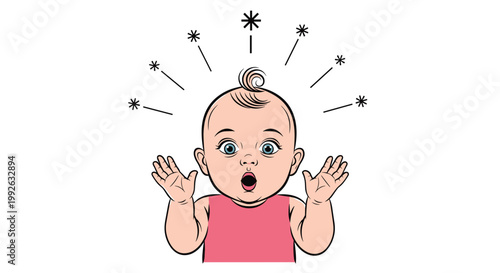 Surprised baby with wide eyes and an open mouth is surrounded by sparkling symbols expressing wonder and amazement in vector art.