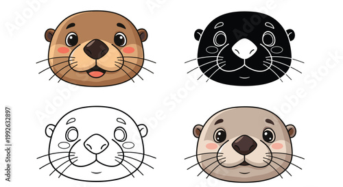 Collection of four otter head illustrations displays different artistic styles including line art, black and white, and color.