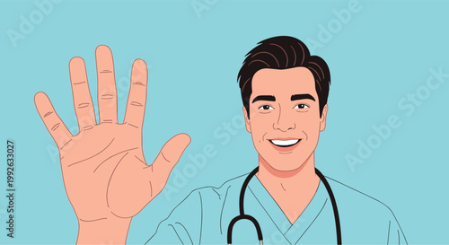 Friendly male healthcare professional wearing a stethoscope and blue scrubs, smiling warmly while waving his hand to greet patients or viewers.