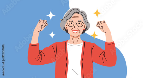 Energetic elderly woman with gray hair and glasses flexing both arms to show strength and vitality against a blue and white background.