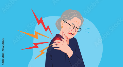 Senior woman with gray hair wearing glasses and a dark shirt, expressing pain while holding her shoulder with red lightning bolt graphics.
