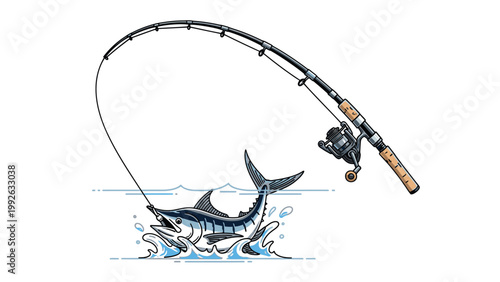Illustration of a marlin hooked on a fishing rod with water splashes against a white background.