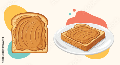 Delicious peanut butter spread on two slices of toasted bread, one shown individually and another on a white plate with an abstract background.