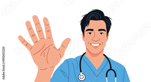 Friendly male medical professional in blue scrubs with a stethoscope waving his hand and smiling warmly.