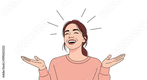 Joyful young woman with closed eyes and open arms laughing excitedly under radiant light rays on white background.