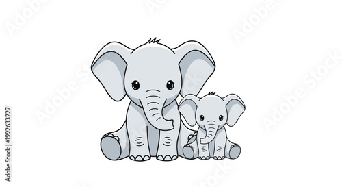 Adorable mother elephant sitting next to her small baby elephant with friendly smiles and large floppy grey ears.