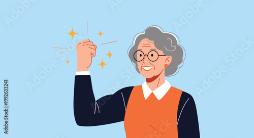 Powerful senior woman with grey hair and glasses flexing her muscle and clenching her fist in a victory pose.